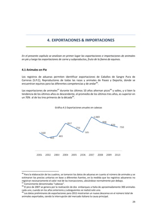 29 
 
4. EXPORTACIONES & IMPORTACIONES 
 
 
En el presente capítulo se analizan en primer lugar las exportaciones e importaciones de animales 
en pie y luego las exportaciones de carne y subproductos, fruto de la faena de equinos.  
 
 
4.1 Animales en Pie  
 
Los  registros  de  aduanas  permiten  identificar  exportaciones  de  Caballos  de  Sangre  Pura  de 
Carreras  (S.P.C),  Reproductores  de  todas  las  razas  y  animales  de  Paseo  y  Deporte,  donde  se 
encuentran equinos para las diferentes competencias y de andar46
.  
 
Las exportaciones de animales47
 durante los últimos 10 años alternan picos48
 y valles, y si bien la 
tendencia de los últimos años es descendente, el promedio de los últimos tres años, es superior en 
un 70%  al de los tres primeros de la década49
.  
 
 
Gráfica 4.1 Exportaciones anuales en cabezas 
 
 
46
 Para la elaboración de los cuadros, se tomaron los datos de aduanas en cuanto al número de animales y se 
estimaron los precios unitarios en base a diferentes fuentes, en la medida que los registros aduaneros no 
registran necesariamente el valor real de las transacciones, ubicándose normalmente por debajo. 
47
 Comúnmente denominadas “cabezas”. 
48
 El pico de 2007 se genera por la realización de dos  embarques a Italia de aproximadamente 300 animales 
cada uno, cuando en los años anteriores y subsiguientes se realizó solo uno. 
49
 Los datos preliminares de exportaciones para 2011 mostrarían un nuevo descenso en el número total de 
animales exportados, siendo la interrupción del mercado italiano la causa principal.
 