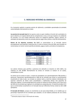 37 
 
5. MERCADO INTERNO de ANIMALES 
 
 
En el presente capítulo se aportan precios de referencia y cantidades aproximadas de animales 
comercializados internamente en el país. 
 
 
Los precios de mercado local de los equinos varían en gran medida en función de la actividad a la 
que se destine y en especial dentro de las competencias y razas, en lo que respecta a la calidad de 
los  animales.  A  su  vez  reciben  diferentes  valores  las  categorías  (padrillos,  yeguas,  jóvenes,  en 
actividad o de descarte) y entre los animales jóvenes según sexo y doma o nivel de entrenamiento.  
 
Dentro  de  los  deportes  ecuestres,  los  S.P.C  se  comercializan  en  el  mercado  interno 
principalmente como potrillos y potrancas de 1,5 años sin domar (más del 50%), pero también se 
comercializan en menor número potrillos de destete, yeguas madre y animales en competencia.   
 
 
Tabla 5.1: Promedios de ventas S.P.C57
 (U$S) 
Categorías  U$S 
% en 
cabezas 
Potrillos y 
Potrancas 1,5 años  7.500  55% 
Yeguas  2.500  25% 
Destetes  1.800  15% 
Training  2.000  5% 
 
 
Los  valores  mínimos  para  potrillos  y  potrancas  de  sobreaño  se  situarían  en  U$S  2.500  y  los 
máximos  en  U$S  30.000.  Normalmente  las  ventas  en  remates  se  realizan  en  12  cuotas, 
rematándose la cuota. 
 
Se estima que las ventas en pista  a través de rematadores son aproximadamente 700 potrillos y 
potrancas, representan aproximadamente el 40% de los animales que inician su entrenamiento 
anualmente en todo el país. Los remates se realizan tanto a nivel de criadores individuales con 
volumen  suficiente  de  oferta  como  consolidando  y  viabilizando  ofertas  más  pequeñas  de 
diferentes orígenes. Un porcentaje bajo de las ventas se realizan en forma directa, por lo que cerca 
del 50% de los animales que ingresan a la actividad son autoproducción. El total de animales S.P.C 
que se comercializan anualmente en el mercado local por diferentes formas ronda los U$S 1.000 
ejemplares. 
 
El mercado del Enduro, aunque en crecimiento es aún poco desarrollado, en la medida que un 
porcentaje importante de los animales que compiten, no son todavía productos de una crianza 
57
 Estimación propia en base a información de remates. 
 