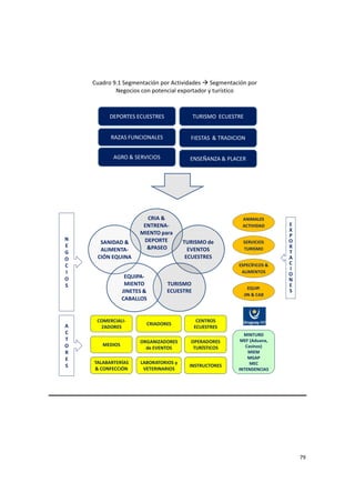 79 
 
Cuadro 9.1 Segmentación por Actividades   Segmentación por 
Negocios con potencial exportador y turístico 
DEPORTES ECUESTRES
FIESTAS  & TRADICIONRAZAS FUNCIONALES
TURISMO  ECUESTRE
AGRO & SERVICIOS ENSEÑANZA & PLACER
 
ANIMALES 
ACTIVIDAD
SERVICIOS 
TURISMO
EQUIP. 
JIN & CAB
ORGANIZADORES 
de EVENTOS
MEDIOS 
LABORATORIOS y 
VETERINARIOS
CRIADORES
CENTROS 
ECUESTRES
COMERCIALI‐
ZADORES
TALABARTERÍAS
& CONFECCIÓN
INSTRUCTORES
OPERADORES 
TURÍSTICOS
ESPECÍFICOS & 
ALIMENTOS
CRIA & 
ENTRENA‐
MIENTO para 
DEPORTE 
&PASEO
TURISMO de 
EVENTOS 
ECUESTRES
TURISMO  
ECUESTRE
SANIDAD & 
ALIMENTA‐
CIÓN EQUINA
EQUIPA‐
MIENTO
JINETES & 
CABALLOS
MINTURD
MEF (Aduana, 
Casinos)
MIEM
MGAP
MEC
INTENDENCIAS
N
E
G
O
C
I
O
S
A
C
T
O
R
E
S
E
X
P
O
R
T
A
C
I
O
N
E
S
 
 
 
 
 
 
 