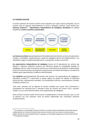 90 
9.3 TURISMO ECUESTRE 
 
El núcleo subsector de turismo ecuestre está compuesto por cuatro actores principales, que en  
muchos  casos  se  vinculan  comercialmente  en  torno  a  productos  turísticos.  Estos  actores  son: 
Estancias  turísticas147
,    Organizadores  independientes  de  Cabalgatas,  Rentadores  de  caballos 
(tropilleros), Centros ecuestres y pensionados. 
 
TROPILLEROS
ORGANIZADORES 
INDEPENDIENTES
CENTROS 
ECUESTRES
ESTANCIAS
CABALGATAS  
ORGANIZADAS
ACTIVIDADES 
en CENTROS 
ECUESTRES
TURISMO de 
ESTANCIAS
ALQUILER de 
CABALLOS
 
Las Estancias turísticas (aproximadamente 40 establecimientos) ofrecen servicios de alojamiento, 
comidas  y  actividades  complementarias,  donde  las  cabalgatas  dentro del  establecimiento  y  sus 
alrededores juegan un papel preponderante en su propuesta, aunque no exclusivo.  
 
Los  organizadores  independientes  de  cabalgatas  (menos  de  10  operadores)  son  actores  que 
diseñan  y  organizan  productos  turísticos  con  diferentes  grados  de  complejidad,  basados  en 
cabalgatas, para los cuales la estancias turísticas son eventualmente proveedores fundamentales, 
junto a otro tipo de servicios de alojamiento y gastronomía, transporte de pasajeros, transporte de 
caballos, guías especializados y tropilleros subcontratados.  
 
Los tropilleros (aproximadamente 30) prestan este servicio a los organizadores de cabalgatas y 
operadores  turísticos148
  o  desarrollan  su  propio  negocio  de  alquiler  de  caballos  en  diferentes 
puntos del país, especialmente asociados a las temporadas turísticas y eventualmente a hoteles, 
complejos, parques, etc.  
 
 Otro  actor  relevante  son  los  Agentes  de  turismo  receptivo  que  actúan  como  promotores  y 
canalizadores  de  demanda  local  y  extranjera  hacia  los  servicios  de  turismo  rural  y  ecuestre. 
Pueden a su vez, eventualmente operar como organizadores de cabalgatas. 
 
Otros servicios turísticos locales forman parte o complementan el turismo ecuestre, que a su vez 
se  potencia  con  otro  subsector  como  las  fiestas  tradicionales  que  constituyen  atractivos 
complementarios. 
 
147
 Se consideran en este trabajo Estancias Turísticas en sentido amplio entendiendo incluido todo tipo de 
establecimiento en el medio rural que brinda servicios turísticos entre los cuales se incluyen paseos a 
caballo. Muchos de estos establecimientos se agrupan en la Sociedad Uruguaya de Turismo Rural (SUTUR) 
148
 Principalmente hoteles 
 