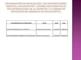 DETERMINACION DE LAS OPERACIONES METAS INICIO FINAL FERIA "DIA INTERNACINAL DE LA JUVENTUD" 40 Organizaciones Juveniles 01/08/2011 30/08/2011 FERIA "PREVENCION DE EMBARAZO EN  ADOLESCENTES" 300 personas informadas 01/09/2011 30/09/2011 