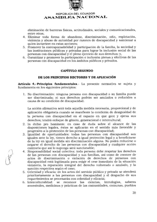 REPÚBLICA DEL ECUADOR
                  ASAMBLEA NACIONAL



     eliminación de barreras físicas, actitudinales, sociales y comunicacionales,
     entre otras;
  4. Eliminar toda forma de abandono, discriminación, odio, explotación,
     violencia y abuso de autoridad por razones de discapacidad y sancionar a
     quien incurriere en estas acciones;
  5. Promover la corresponsabilidad y participación de la familia, la sociedad y
     las instituciones públicas y privadas para lograr la inclusión social de las
     personas con discapacidad y el pleno ejercicio de sus derechos; y,
  6. Garantizar y promover la participación e inclusión plenas y efectivas de las
     personas con discapacidad en los ámbitos públicos y privados.


                              CAPÍTULO SEGUNDO

              DE LOS PRINCIPIOS RECTORES Y DE APLICACIÓN

Artículo 4.-Principios fundamentales.- La presente normativa se sujeta y
fundamenta en los siguientes principios:

   1. No discriminación: ninguna persona con discapacidad o su familia puede
      ser discriminada; ni sus derechos podrán ser anulados o reducidos a
      causa de su condición de discapacidad.

       La acción afirmativa será toda aquella medida necesaria, proporcional y de
       aplicación obligatoria cuando se manifieste la condición de desigualdad de
       la persona con discapacidad en el espacio en que goce y ejerza sus
       derechos; tendrá enfoque de género, generacional e intercultural;
  2.   In dubio pro hominem: en caso de duda sobre el alcance de las
       disposiciones legales, éstas se aplicarán en el sentido más favorable y
       progresivo a la protección de las personas con discapacidad;
  3.   Igualdad de oportunidades: todas las personas con discapacidad son
       iguales ante la ley, tienen derecho a igual protección legal y a beneficiarse
       de la ley en igual medida sin discriminación alguna. No podrá reducirse o
       negarse el derecho de las personas con discapacidad y cualquier acción
       contraria que así lo suponga será sancionable;
  4.   Responsabilidad social colectiva: toda persona debe respetar los derechos
       de las personas con discapacidad y sus familias, así como de conocer de
       actos de discriminación o violación de derechos de personas con
       discapacidad está legitimada para exigir el cese inmediato de la situación
       violatoria, la reparación integral del derecho vulnerado o anulado, y la
       sanción respectiva según el caso;
  5.   Celeridad y eficacia: en los actos del servicio público y privado se atenderá
       prioritariamente a las personas con discapacidad y el despacho de sus
       requerimientos se procesarán con celeridad y eficacia;
  6.   ínterculturalidad:    se reconoce las ciencias, tecnologías, saberes
       ancestrales, medicinas y prácticas de las comunidades, comunas, pueblos

                                                                                20
 