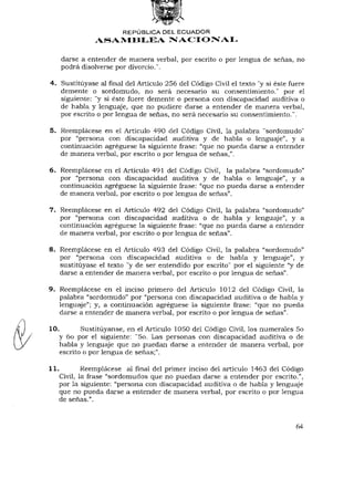 REPÚBLICA DEL ECUADOR
                ASAMBLEA NACIONAL

      darse a entender de manera verbal, por escrito o por lengua de señas, no
      podrá disolverse por divorcio.".

4. Sustituyase al final del Artículo 256 del Código Civil el texto "y si éste fuere
   demente o sordomudo, no será necesario su consentimiento." por el
   siguiente: "y si éste fuere demente o persona con discapacidad auditiva o
   de habla y lenguaje, que no pudiere darse a entender de manera verbal,
   por escrito o por lengua de señas, no será necesario su consentimiento.".

5. Reemplácese en el Artículo 490 del Código Civil, la palabra "sordomudo"
   por "persona con discapacidad auditiva y de habla o lenguaje", y a
   continuación agregúese la siguiente frase: "que no pueda darse a entender
   de manera verbal, por escrito o por lengua de señas,".

6. Reemplácese en el Artículo 491 del Código Civil, la palabra "sordomudo"
   por "persona con discapacidad auditiva y de habla o lenguaje", y a
   continuación agregúese la siguiente frase: "que no pueda darse a entender
   de manera verbal, por escrito o por lengua de señas".

7. Reemplácese en el Artículo 492 del Código Civil, la palabra "sordomudo"
   por "persona con discapacidad auditiva o de habla y lenguaje", y a
   continuación agregúese la siguiente frase: "que no pueda darse a entender
   de manera verbal, por escrito o por lengua de señas".

8. Reemplácese en el Artículo 493 del Código Civil, la palabra "sordomudo"
   por "persona con discapacidad auditiva o de habla y lenguaje", y
   sustituyase el texto "y de ser entendido por escrito" por el siguiente "y de
   darse a entender de manera verbal, por escrito o por lengua de señas".

9. Reemplácese en el inciso primero del Artículo 1012 del Código Civil, la
   palabra "sordomudo" por "persona con discapacidad auditiva o de habla y
   lenguaje"; y, a continuación agregúese la siguiente frase: "que no pueda
   darse a entender de manera verbal, por escrito o por lengua de señas".

10.        Sustituyanse, en el Artículo 1050 del Código Civil, los numerales 5o
   y 6o por el siguiente: "5o. Las personas con discapacidad auditiva o de
    habla y lenguaje que no puedan darse a entender de manera verbal, por
    escrito o por lengua de señas;".

11.           Reemplácese alfinaldel primer inciso del artículo 1463 del Código
      Civil, la frase "sordomudos que no puedan darse a entender por escrito.",
      por la siguiente: "persona con discapacidad auditiva o de habla y lenguaje
      que no pueda darse a entender de manera verbal, por escrito o por lengua
      de señas.".



                                                                                64
 