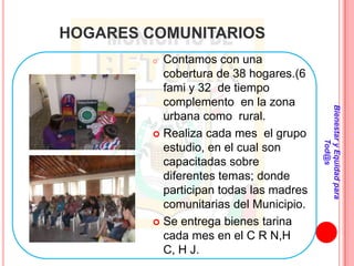 HOGARES COMUNITARIOS
         o Contamos con una
           cobertura de 38 hogares.(6
           fami y 32 de tiempo
           complemento en la zona




                                         Bienestar y Equidad para
           urbana como rural.
          Realiza cada mes el grupo




                                                 Tod@s
           estudio, en el cual son
           capacitadas sobre
           diferentes temas; donde
           participan todas las madres
           comunitarias del Municipio.
          Se entrega bienes tarina
           cada mes en el C R N,H
           C, H J.
 