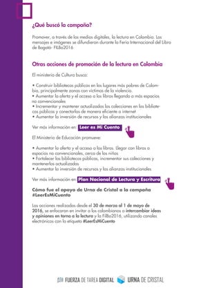 ¿Qué buscó la campaña?
Otras acciones de promoción de la lectura en Colombia
El ministerio de Cultura busca:
• Construir bibliotecas públicas en los lugares más pobres de Colom-
bia, principalmente zonas con víctimas de la violencia.
• Incrementar y mantener actualizadas las colecciones en las bibliote-
cas públicas y conectarlas de manera eﬁciente a internet
• Aumentar la inversión de recursos y las alianzas institucionales
Ver más información en: Leer es Mi Cuento
El Ministerio de Educación promueve:
• Aumentar la oferta y el acceso a los libros. Llegar con libros a
espacios no convencionales, cerca de los niños
• Fortalecer las bibliotecas públicas, incrementar sus colecciones y
mantenerlas actualizadas
• Aumentar la inversión de recursos y las alianzas institucionales
Ver más información en: Plan Nacional de Lectura y Escritura
Cómo fue el apoyo de Urna de Cristal a la campaña
#LeerEsMiCuento
Las acciones realizadas desde el 30 de marzo al 1 de mayo de
2016, se enfocaron en invitar a los colombianos a intercambiar ideas
y opiniones en torno a la lectura y la FilBo2016, utilizando canales
electrónicos con la etiqueta #LeerEsMiCuento
Promover, a través de los medios digitales, la lectura en Colombia. Los
mensajes e imágenes se difundieron durante la Feria Internacional del Libro
de Bogotá- FILBo2016
• Aumentar la oferta y el acceso a los libros llegando a más espacios
no convencionales
 