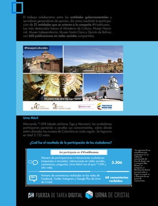 Urna Móvil
Marcando *159# (desde celulares Tigo y Movistar), los ciudadanos
participaron poniendo a prueba sus conocimientos, sobre dónde
están ubicados los museos de Colombia en cada región. Se lograron
en total 2.155 votos.
¿Cuál fue el resultado de la participación de los ciudadanos?
Así participaste en #ViveMuseos
Número de participaciones e interacciones ciudadanas
(respuestas a encuestas, interacciones en redes sociales,
comentarios, preguntas, Urna Móvil con el quiz *159# y
sitio web).
Número de comentarios realizados en las redes de
Facebook, Twitter, Instagram y Google Plus de Urna
de Cristal.
3.306
68 comentarios
recibidos
*Las opiniones de los
colombianos que
participaron en los
medios de
comunicación de
Urna de Cristal, con
la campaña Vive
Museos, se
entregaron al
Ministerio de Cultura
para que estos se
tengan en cuenta en
el desarrollo de sus
planes de
mejoramiento.
El trabajo colaborativo entre las entidades gubernamentales y
servidores generadores de opinión, dio como resultado la participa-
ción de 21 entidades que se unieron a la campaña #ViveMuseos.
Las más destacadas fueron el Ministerio de Cultura, Museo Nacio-
nal, Museo Independencia, Museo Santa Clara y Quinta de Bolívar,
con 660 publicaciones en redes sociales compartidas.
 