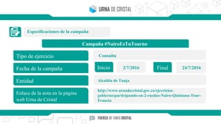 Especificaciones de la campaña
Campaña #NairoEsTuTourno
Tipo de ejercicio
Fecha de la campaña
Entidad
Enlace de la nota en la página
web Urna de Cristal
Inicio Final2/7/2016 24/7/2016
Consulta
Alcaldía de Tunja
http://www.urnadecristal.gov.co/ejercicios-
gobierno/participando-en-2-ruedas-Nairo-Quintana-Tour-
Francia
 