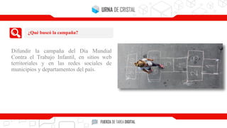 Difundir la campaña del Día Mundial
Contra el Trabajo Infantil, en sitios web
territoriales y en las redes sociales de
municipios y departamentos del país.
¿Qué buscó la campaña?
 
