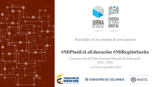 #MiPlanEsLaEducación #MiRegiónSueña
7 al 30 de septiembre 2016
Resultados de la campaña de participación
Construcción del Plan Nacional Decenal de Educación
2016 - 2026
 