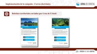 Implementación de la campaña - Correo electrónico
Boletines territoriales enviados por Urna de Cristal:
 