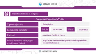 Especificaciones de la campaña
Campaña #CapacidadYVisión
Tipo de ejercicio
Fecha de la campaña
Entidad
Enlace de la nota en la página
web Urna de Cristal
Inicio Final10/10/2016 24/10/2016
Pedagógico
Alcaldía de Castilla la Nueva
http://www.urnadecristal.gov.co/ejercicioparticipac
ion-castillalanueva
 