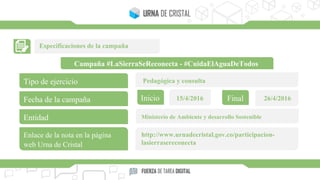 Especificaciones de la campaña
Campaña #LaSierraSeReconecta - #CuidaElAguaDeTodos
Tipo de ejercicio
Fecha de la campaña
Entidad
Enlace de la nota en la página
web Urna de Cristal
Inicio Final15/4/2016 26/4/2016
Pedagógica y consulta
Ministerio de Ambiente y desarrollo Sostenible
http://www.urnadecristal.gov.co/participacion-
lasierrasereconecta
 