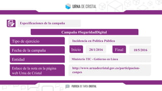 Especificaciones de la campaña
Campaña #SeguridadDigital
Tipo de ejercicio
Fecha de la campaña
Entidad
Enlace de la nota en la página
web Urna de Cristal
Inicio Final28/1/2016 18/5/2016
Incidencia en Política Pública
Ministerio TIC - Gobierno en Línea
http://www.urnadecristal.gov.co/participacion-
conpes
 