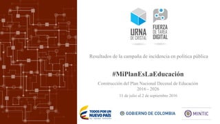 #MiPlanEsLaEducación
11 de julio al 2 de septiembre 2016
Resultados de la campaña de incidencia en política pública
Construcción del Plan Nacional Decenal de Educación
2016 - 2026
 