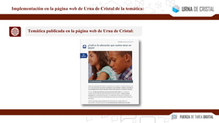 Implementación en la página web de Urna de Cristal de la temática:
Temática publicada en la página web de Urna de Cristal:
 