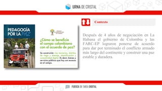 Después de 4 años de negociación en La
Habana el gobierno de Colombia y las
FARC-EP lograron ponerse de acuerdo
para dar por terminado el conflicto armado
más largo del continente y construir una paz
estable y duradera.
Contexto
 