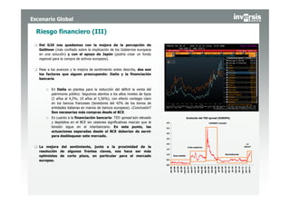 Escenario Global

  Riesgo financiero (III)

   Del G20 nos quedamos con la mejora de la percepción de
   Geithner (más confiado sobre la implicación de los Gobiernos europeos
   en una solución) y con el apoyo de Japón (podría crear un fondo
   regional para la compra de activos europeos).


   Pese a los avances y la mejora de sentimiento antes descrita, dos son
   los factores que siguen preocupando: Italia y la financiación
   bancaria.


       o En Italia se plantea para la reducción del déficit la venta del
         patrimonio público. Seguimos atentos a los altos niveles de tipos
         (2 años al 4,2%; 10 años al 5,56%), con efecto contagio claro
         en los bancos franceses (tenedores del 42% de los bonos de
         entidades italianas en manos de bancos europeos). ¿Conclusión?
         Son necesarias más compras desde el BCE.
       o En cuanto a la financiación bancaria: TED spread aún elevado                                                           Evolución del TED spread (EUROPA)
         y depósitos en el BCE sin cesiones significativas marcan que la     4,0                                                                                                         LEHMAN+recesión

         tensión sigue en el interbancario. En este punto, las               3,5
         actuaciones esperadas desde el BCE deberían de servir               3,0
         para desbloquear este mercado.
                                                                             2,5

                                                                             2,0                                                                                                                                                                                                           ¿Y
   La mejora del sentimiento, junto a la proximidad de la                                                                       Crisis subprime                                                                                                                                          ahora?
                                                                             1,5
   resolución de algunos frentes claves, nos hace ser más
                                                                             1,0                                                                                                                                                    Normalización
   optimistas de corto plazo, en particular para el mercado                                 Zona estable

                                                                             0,5
   europeo.
                                                                             0,0




                                                                                                                                         sep-07


                                                                                                                                                           feb-08




                                                                                                                                                                                               feb-09




                                                                                                                                                                                                                                   ene-10




                                                                                                                                                                                                                                                              sep-10




                                                                                                                                                                                                                                                                                                  sep-11
                                                                                   abr-06
                                                                                            jul-06
                                                                                                     oct-06
                                                                                                              dic-06
                                                                                                                       mar-07
                                                                                                                                jun-07


                                                                                                                                                  nov-07


                                                                                                                                                                    may-08
                                                                                                                                                                             ago-08
                                                                                                                                                                                      nov-08


                                                                                                                                                                                                        may-09
                                                                                                                                                                                                                 jul-09
                                                                                                                                                                                                                          oct-09


                                                                                                                                                                                                                                            abr-10
                                                                                                                                                                                                                                                     jul-10


                                                                                                                                                                                                                                                                       dic-10
                                                                                                                                                                                                                                                                                mar-11
                                                                                                                                                                                                                                                                                         jun-11
 