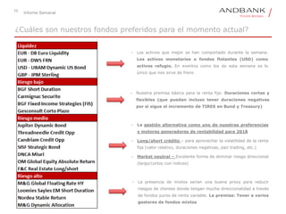 10
Informe Semanal
• Los activos que mejor se han comportado durante la semana.
Los activos monetarios o fondos flotantes (USD) como
activos refugio. En eventos como los de esta semana es lo
único que nos sirve de freno
• La presencia de mixtos serían una buena proxy para reducir
riesgos de clientes donde tengan mucha direccionalidad a través
de fondos puros de renta variable. La premisa: Tener a varios
gestores de fondos mixtos
• Nuestra premisa básica para la renta fija: Duraciones cortas y
flexibles (que puedan incluso tener duraciones negativas
por si sigue el incremento de TIRES en Bund y Treasury)
• La gestión alternativa como uno de nuestras preferencias
y motores generadores de rentabilidad para 2018
• Long/short crédito – para aprovechar la volatilidad de la renta
fija (valor relativo, duraciones negativas, pair trading, etc.)
• Market neutral – Excelente forma de eliminar riesgo direccional
(largo/cortos con índices)
¿Cuáles son nuestros fondos preferidos para el momento actual?
 
