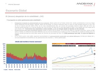 7
Informe Semanal
Escenario Global
Y la pregunta es ¿cómo gestionamos esta volatilidad?…
• Empezamos revisando el posicionamiento de los inversores…Buena parte de los fondos mixtos han venido aumentando el nivel de riesgo
desde septiembre del año pasado. Además, según las encuestas, el inversor americano tiene un peso en renta variable próximo al 72%, que
sin ser el máximo del año 2000 (77%), es un nivel indudablemente alto, por encima del promedio histórico desde 1987 del 61%. Las
mismas fuentes apuntan a un nivel de liquidez del 13% en enero de este año, el más bajo desde el 2000 y muy alejado del 23% medio de la
serie desde el 87. Inversores muy expuestos a renta variable, y con un margen desde la liquidez no tan elevado.
• Niveles técnicos clave para incrementar posición: Desde el táctico de los índices, con el foco de riesgo en mercado americano, vemos al S&P
entre 2 medias, la media de corto plazo (MA(50)) que nos sirve de resistencia en niveles de 2720 y la MA(200) en niveles de 2538 junto a la
directriz alcista principal de corto plazo desde los mínimos de principios de 2016. En 2530 pensamos que está la zona de Soporte a
vigilar.
• En un 2018 a priori, más volátil, seguimos recomendando un posicionamiento conservador con valores defensivos, de beta por debajo de 1,
con poca dispersión de beneficios en las estimaciones del consenso y menos apalancadas.
0%
10%
20%
30%
40%
50%
60%
70%
80%
90%
100%
nov.-87
nov.-89
nov.-91
nov.-93
nov.-95
nov.-97
nov.-99
nov.-01
nov.-03
nov.-05
nov.-07
nov.-09
nov.-11
nov.-13
nov.-15
nov.-17
¿Dónde está invertido el inversor americano?
Liquidez Renta fija Renta variable Fuente: Asociación Americana de Inversores Individuales
El (brusco) despertar de la volatilidad…(VI)
 