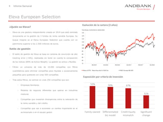 8 Informe Semanal
¿Quién es Eleva?
• Eleva es una gestora independiente creada en 2014 que está centrada
únicamente en la gestión de 3 fondos de renta variable Europea. Su
buque insignia es el Eleva European Selection que cuenta con un
patrimonio superior a los 2.500 millones de euros.
Estilo de gestión
• El estilo de gestión de Eleva se basa en carteras de convicción de alto
tracking error (~6%), realizadas sin tener en cuenta la composición
de los índices (89% de Active Weight). La gestión es activa y flexible.
• Filtran un universo de más de 10.000 compañías con filtros
cuantitativos para eliminar compañías poco líquidas o excesivamente
pequeñas para quedarse con unas 500 compañías
• Tras estos filtros, se centran en unas 250 compañías que son:
• Empresas familiares
• Modelos de negocios diferentes que operan en industrias
maduras
• Compañías que muestran divergencias entre la valoración de
la renta variable y del crédito
• Compañías que van a acometer un cambio importante en el
accionariado o en el equipo gestor
Eleva European Selection
Evolución de la cartera (3 años)
Exposición por criterio de inversión
 