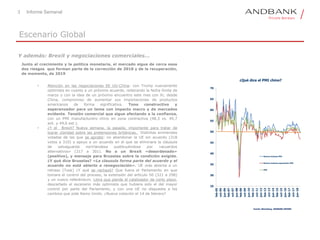 3 Informe Semanal
Escenario Global
Y además: Brexit y negociaciones comerciales…
Junto al crecimiento y la política monetaria, el mercado sigue de cerca esos
dos riesgos que forman parte de la corrección de 2018 y de la recuperación,
de momento, de 2019
• Atención en las negociaciones EE UU-China: con Trump nuevamente
optimista en cuanto a un próximo acuerdo, reiterando la fecha límite de
marzo y con la idea de un próximo encuentro este mes con Xi; desde
China, compromiso de aumentar sus importaciones de productos
americanos de forma significativa. Tono constructivo y
esperanzador para un tema con impacto macro y de mercados
evidente. Tensión comercial que sigue afectando a la confianza,
con un PMI manufacturero chino en zona contractiva (48,3 vs. 49,7
ant. y 49,6 est.).
• ¿Y el Brexit? Nueva semana, la pasada, importante para tratar de
lograr claridad sobre las pretensiones británicas. Distintas enmiendas
votadas de las que se aprobó: no abandonar la UE sin acuerdo (318
votos a 310) y apoyo a un acuerdo en el que se eliminara la cláusula
de salvaguarda norirlandesa sustituyéndose por «acuerdos
alternativos» (317 a 301). No a un Brexit «desordenado»
(positivo), y mensaje para Bruselas sobre la condición exigida.
¿Y qué dice Bruselas? «La clausula forma parte del acuerdo y el
acuerdo no está abierto a renegociación». UE más abierta a un
retraso (Tusk) ¿Y qué se rechazó? Que fuera el Parlamento en que
tomara el control del proceso, la extensión del artículo 50 (321 a 298)
y un nuevo referéndum. Libra que pierde el catalizador de corto plazo,
descartado el escenario más optimista que hubiera sido el del mayor
control por parte del Parlamento, y con una UE no dispuesta a los
cambios que pide Reino Unido. ¿Nueva votación el 14 de febrero?
25
30
35
40
45
50
55
60
65
70
feb-05
oct-05
jun-06
feb-07
oct-07
jun-08
feb-09
oct-09
jun-10
feb-11
oct-11
jun-12
feb-13
oct-13
jun-14
feb-15
oct-15
jun-16
feb-17
oct-17
jun-18
¿Qué dice el PMI chino?
Nuevas órdenes PMI
Nuevas órdenes exportación PMI
PMI
Fuente: Bloomberg, ANDBANK ESPAÑA
 
