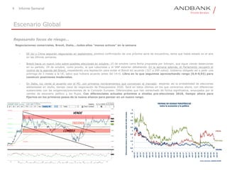 8 Informe Semanal
Escenario Global
Repasando focos de riesgo…
Negociaciones comerciales, Brexit, Italia,…todos ellos “menos activos” en la semana
• EE UU y China seguirán negociando en septiembre: positiva confirmación de una próxima serie de encuentros, tema que había estado en el aire
en las últimas semanas.
• Brexit hacia un nuevo voto sobre posibles elecciones en octubre: 15 de octubre como fecha propuesta por Johnson, que sigue viendo deserciones
en su partido; 29 de octubre, como pronto, la que Laboristas y el SNP estarían debatiendo. En la semana además, el Parlamento recuperó el
control de la agenda del Brexit, respaldando una legislación para evitar el Brexit sin acuerdo (327 a 299 votos). Gobierno obligado así a pedir una
prórroga de 3 meses a la UE, salvo que hubiera acuerdo antes del 19-O. Libra en la que seguimos aprovechando rango (0,9-0,93) para
construir posiciones moderadas.
• En Italia, luz verde al acuerdo con el PD, con primeros nombramientos que convencen al mercado: alejando así la probabilidad de elecciones
adelantadas en otoño, tiempo clave de negociación de Presupuestos 2020. Será en estos últimos en los que centrarnos ahora, con diferencias
sustanciales con las exigencias/previsiones de la Comisión Europea. Diferenciales que han estrechado de forma significativa, empujados por el
cambio de escenario político y los flujos. Con diferenciales actuales próximos a niveles pre-elecciones 2018, tiempo ahora para
fijarnos en los primeros pasos de la nueva alianza para pensar en un nuevo rango.
0
0,5
1
1,5
2
2,5
3
3,5
4
4,5
5
5,5
6
ene-13
abr-13
jul-13
oct-13
ene-14
abr-14
jul-14
oct-14
ene-15
abr-15
jul-15
oct-15
ene-16
abr-16
jul-16
oct-16
ene-17
abr-17
jul-17
oct-17
ene-18
abr-18
jul-18
oct-18
ene-19
abr-19
jul-19
oct-19
Diferencialesbonosa10añosvs.mediaAA-AAAeuropea
PRIMAS DE RIESGO PERIFÉRICAS
entre la economía y la política
Fuente: Bloomberg, ANDBANK ESPAÑA
ITALIA
ESPAÑA
PORTUGAL
 