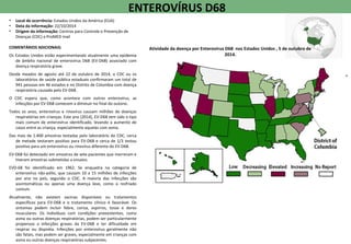• Local de ocorrência: Estados Unidos da América (EUA)
• Data da informação: 22/10/2014
• Origem da informação: Centros para Controle e Prevenção de
Doenças (CDC) e ProMED mail
COMENTÁRIOS ADICIONAIS:
Os Estados Unidos estão experimentando atualmente uma epidemia
de âmbito nacional de enterovírus D68 (EV-D68) associado com
doença respiratória grave.
Desde meados de agosto até 22 de outubro de 2014, o CDC ou os
laboratórios de saúde pública estaduais confirmaram um total de
941 pessoas em 46 estados e no Distrito de Columbia com doença
respiratória causada pelo EV-D68.
O CDC espera que, como acontece com outros enterovírus, as
infecções por EV-D68 comecem a diminuir no final do outono.
Todos os anos, enterovírus e rinovírus causam milhões de doenças
respiratórias em crianças. Este ano [2014], EV-D68 tem sido o tipo
mais comum de enterovírus identificado, levando a aumento de
casos entre as criança, especialmente aquelas com asma.
Das mais de 1.400 amostras testadas pelo laboratório do CDC, cerca
de metade testaram positivo para EV-D68 e cerca de 1/3 testou
positivo para um enterovírus ou rinovírus diferente do EV-D68.
EV-D68 foi detectado em amostras de sete pacientes que morreram e
tiveram amostras submetidas a ensaios.
EVD-68 foi identificado em 1962. Se enquadra na categoria de
enterovírus não-pólio, que causam 10 a 15 milhões de infecções
por ano no país, segundo o CDC. A maioria das infecções são
assintomáticas ou apenas uma doença leve, como o resfriado
comum.
Atualmente, não existem vacinas disponíveis ou tratamentos
específicos para EV-D68 e o tratamento clínico é favorável. Os
sintomas podem incluir febre, coriza, espirros, tosse e dores
musculares. Os indivíduos com condições preexistentes, como
asma ou outras doenças respiratórias, podem ser particularmente
propensos a infecções graves da EV-D68 e ter dificuldade em
respirar ou dispnéia. Infecções por enterovírus geralmente não
são fatais, mas podem ser graves, especialmente em crianças com
asma ou outras doenças respiratórias subjacentes.
ENTEROVÍRUS D68
http://pt.wikipedia.org/wiki/Estados_Unidos
Atividade da doença por Enterovirus D68 nos Estados Unidos , 5 de outubro de
2014.
 