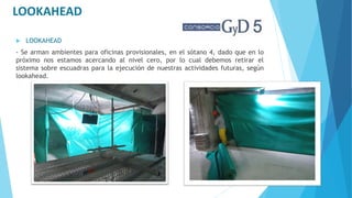 LOOKAHEAD
 LOOKAHEAD
- Se arman ambientes para oficinas provisionales, en el sótano 4, dado que en lo
próximo nos estamos acercando al nivel cero, por lo cual debemos retirar el
sistema sobre escuadras para la ejecución de nuestras actividades futuras, según
lookahead.
 