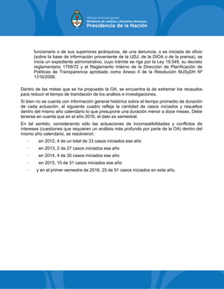 funcionario o de sus superiores jerárquicos, de una denuncia, o es iniciada de oficio
(sobre la base de información proveniente de la UDJ, de la DIOA o de la prensa), se
inicia un expediente administrativo, cuyo trámite se rige por la Ley 19.549, su decreto
reglamentario 1759/72 y el Reglamento Interno de la Dirección de Planificación de
Políticas de Transparencia aprobado como Anexo II de la Resolución MJSyDH Nº
1316/2008.
Dentro de las metas que se ha propuesto la OA, se encuentra la de extremar los recaudos
para reducir el tiempo de tramitación de los análisis e investigaciones.
Si bien no se cuenta con información general histórica sobre el tiempo promedio de duración
de cada actuación, el siguiente cuadro refleja la cantidad de casos iniciados y resueltos
dentro del mismo año calendario lo que presupone una duración menor a doce meses. Debe
tenerse en cuenta que en el año 2016, el dato es semestral.
En tal sentido, considerando sólo las actuaciones de incompatibilidades y conflictos de
intereses (cuestiones que requieren un análisis más profundo por parte de la OA) dentro del
mismo año calendario, se resolvieron:
· en 2012, 4 de un total de 33 casos iniciados ese año
· en 2013, 2 de 27 casos iniciados ese año
· en 2014, 4 de 30 casos iniciados ese año
· en 2015, 10 de 31 casos iniciados ese año
· y en el primer semestre de 2016, 25 de 91 casos iniciados en este año.
 
