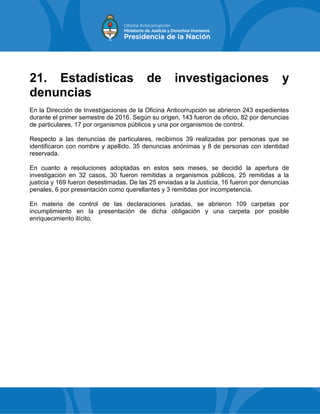 21. Estadísticas de investigaciones y
denuncias
En la Dirección de Investigaciones de la Oficina Anticorrupción se abrieron 243 expedientes
durante el primer semestre de 2016. Según su origen, 143 fueron de oficio, 82 por denuncias
de particulares, 17 por organismos públicos y una por organismos de control.
Respecto a las denuncias de particulares, recibimos 39 realizadas por personas que se
identificaron con nombre y apellido, 35 denuncias anónimas y 8 de personas con identidad
reservada.
En cuanto a resoluciones adoptadas en estos seis meses, se decidió la apertura de
investigación en 32 casos, 30 fueron remitidas a organismos públicos, 25 remitidas a la
justicia y 169 fueron desestimadas. De las 25 enviadas a la Justicia, 16 fueron por denuncias
penales, 6 por presentación como querellantes y 3 remitidas por incompetencia.
En materia de control de las declaraciones juradas, se abrieron 109 carpetas por
incumplimiento en la presentación de dicha obligación y una carpeta por posible
enriquecimiento ilícito.
 