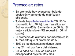 En 2003 y 2005, Colombia registraba relaciones alumnos/docente de 21.1 y 22.2  similares a los 20.5 y 21.2 de América Latina; para el año 2008, la relación en el caso de Colombia alcanzó un promedio de 27 alumnos por profesor, 5 niños más, índice alto comparado con el  promedio de la región13