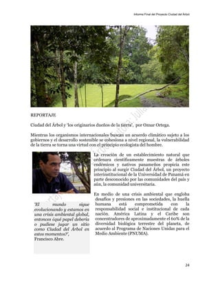 Informe Final del Proyecto Ciudad del Árbol
24
REPORTAJE
Ciudad del Árbol y ‘los originarios dueños de la tierra’, por Oznar Ortega.
Mientras los organismos internacionales buscan un acuerdo climático sujeto a los
gobiernos y el desarrollo sostenible se cohesiona a nivel regional, la vulnerabilidad
de la tierra se torna una virtud con el principio ecologista del hombre.
La creación de un establecimiento natural que
ordenara científicamente muestras de árboles
endémicos y nativos panameños propicia este
principio al surgir Ciudad del Árbol, un proyecto
interinstitucional de la Universidad de Panamá en
parte desconocido por las comunidades del país y
aún, la comunidad universitaria.
En medio de una crisis ambiental que engloba
desafíos y presiones en las sociedades, la huella
humana está comprometida con la
responsabilidad social e institucional de cada
nación. América Latina y el Caribe son
concentradores de aproximadamente el 60% de la
diversidad biológica terrestre del planeta, de
acuerdo al Programa de Naciones Unidas para el
Medio Ambiente (PNUMA).
‘El mundo sigue
evolucionando y estamos en
una crisis ambiental global,
entonces ¿qué papel debería
o pudiese jugar un sitio
como Ciudad del Árbol en
estos momentos?’,
Francisco Abre.
 