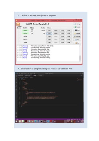 3. Activar el XAMPP para ejecutar el programa
4. Codificamos la programación para realizar las tablas en PHP
 