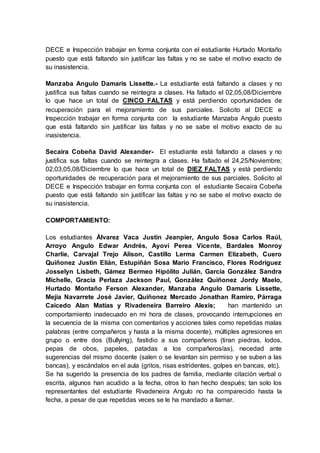 DECE e Inspección trabajar en forma conjunta con el estudiante Hurtado Montaño
puesto que está faltando sin justificar las faltas y no se sabe el motivo exacto de
su inasistencia.
Manzaba Angulo Damaris Lissette.- La estudiante está faltando a clases y no
justifica sus faltas cuando se reintegra a clases. Ha faltado el 02,05,08/Diciembre
lo que hace un total de CINCO FALTAS y está perdiendo oportunidades de
recuperación para el mejoramiento de sus parciales. Solicito al DECE e
Inspección trabajar en forma conjunta con la estudiante Manzaba Angulo puesto
que está faltando sin justificar las faltas y no se sabe el motivo exacto de su
inasistencia.
Secaira Cobeña David Alexander- El estudiante está faltando a clases y no
justifica sus faltas cuando se reintegra a clases. Ha faltado el 24,25/Noviembre;
02,03,05,08/Diciembre lo que hace un total de DIEZ FALTAS y está perdiendo
oportunidades de recuperación para el mejoramiento de sus parciales. Solicito al
DECE e Inspección trabajar en forma conjunta con el estudiante Secaira Cobeña
puesto que está faltando sin justificar las faltas y no se sabe el motivo exacto de
su inasistencia.
COMPORTAMIENTO:
Los estudiantes Álvarez Vaca Justin Jeanpier, Angulo Sosa Carlos Raúl,
Arroyo Angulo Edwar Andrés, Ayoví Perea Vicente, Bardales Monroy
Charlie, Carvajal Trejo Alison, Castillo Lerma Carmen Elizabeth, Cuero
Quiñonez Justin Elián, Estupiñán Sosa Mario Francisco, Flores Rodríguez
Josselyn Lisbeth, Gámez Bermeo Hipólito Julián, García González Sandra
Michelle, Gracia Perlaza Jackson Paul, González Quiñonez Jordy Maelo,
Hurtado Montaño Ferson Alexander, Manzaba Angulo Damaris Lissette,
Mejía Navarrete José Javier, Quiñonez Mercado Jonathan Ramiro, Párraga
Caicedo Alan Matías y Rivadeneira Barreiro Alexis; han mantenido un
comportamiento inadecuado en mi hora de clases, provocando interrupciones en
la secuencia de la misma con comentarios y acciones tales como repetidas malas
palabras (entre compañeros y hasta a la misma docente), múltiples agresiones en
grupo o entre dos (Bullying), fastidio a sus compañeros (tiran piedras, lodos,
pepas de obos, papeles, patadas a los compañeros/as), necedad ante
sugerencias del mismo docente (salen o se levantan sin permiso y se suben a las
bancas), y escándalos en el aula (gritos, risas estridentes, golpes en bancas, etc).
Se ha sugerido la presencia de los padres de familia, mediante citación verbal o
escrita, algunos han acudido a la fecha, otros lo han hecho después; tan solo los
representantes del estudiante Rivadeneira Angulo no ha comparecido hasta la
fecha, a pesar de que repetidas veces se le ha mandado a llamar.
 
