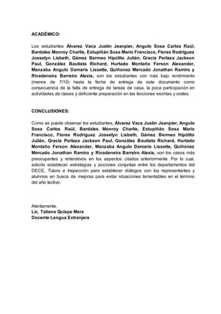 ACADÉMICO:
Los estudiantes Álvarez Vaca Justin Jeanpier, Angulo Sosa Carlos Raúl,
Bardales Monroy Charlie, Estupiñán Sosa Mario Francisco, Flores Rodríguez
Josselyn Lisbeth, Gámez Bermeo Hipólito Julián, Gracia Perlaza Jackson
Paul, González Bautista Richard, Hurtado Montaño Ferson Alexander,
Manzaba Angulo Damaris Lissette, Quiñonez Mercado Jonathan Ramiro y
Rivadeneira Barreiro Alexis, son los estudiantes con más bajo rendimiento
(menos de 7/10) hasta la fecha de entrega de este documento como
consecuencia de la falta de entrega de tareas de casa, la poca participación en
actividades de clases y deficiente preparación en las lecciones escritas y orales.
CONCLUSIONES:
Como se puede observar los estudiantes, Álvarez Vaca Justin Jeanpier, Angulo
Sosa Carlos Raúl, Bardales Monroy Charlie, Estupiñán Sosa Mario
Francisco, Flores Rodríguez Josselyn Lisbeth, Gámez Bermeo Hipólito
Julián, Gracia Perlaza Jackson Paul, González Bautista Richard, Hurtado
Montaño Ferson Alexander, Manzaba Angulo Damaris Lissette, Quiñonez
Mercado Jonathan Ramiro y Rivadeneira Barreiro Alexis, son los casos más
preocupantes y reiterativos en los aspectos citados anteriormente. Por lo cual,
solicito establecer estrategias y acciones conjuntas entre los departamentos del
DECE, Tutora e Inspección para establecer diálogos con los representantes y
alumnos en busca de mejoras para evitar situaciones lamentables en el término
del año lectivo.
Atentamente,
Lic. Tatiana Quispe Mera
Docente Lengua Extranjera
 