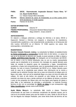 PARA: DECE, Vicerrectorado, Inspección General, Tutora 10mo. “A”
Lic. Dayra Cortéz Rivera
DE: Lic. Tatiana Quispe Mera (Docente)
Asunto: Informe General de casos de Estudiantes en el Año Lectivo 2015-
2016 del Décimo “A” EGB superior.
Fecha: Febrero 03 de 2016.
DATOS INFORMATIVOS
CURSO : Décimo “A”
FIGURA PROFESIONAL : Educación General Básica Superior
PERÍODO : Mayo 04/2015 – Enero 23/2016
ANTECEDENTES:
En relación a diálogos anteriores y entrega de informes a la tutora, DECE e
Inspección General e informes con respecto a situaciones de inasistencia,
incumplimiento académico y mal comportamiento acontecidas en el transcurso del
Año Lectivo 2015-2016 en el Décimo “A” EGB superior, los casos más
preocupantes y reincidentes son:
INASISTENCIA:
Escobar Caicedo Damaris Juleisy.- La estudiante ha faltado al establecimiento
en forma prolongada y consecutiva durante todo el año lectivo, y a pesar de
que se le ha llamado la atención por aquello, la joven persiste en faltar a clases y
JAMÁS JUSTIFICA SUS FALTAS. He dialogado con el Coordinador del DECE,
con la tutora y con la misma estudiante mas no con su madre representante
puesto que la estudiante no le comunicó mis mensajes de urgente llamado para
tratar de resolver la situación grave de inasistencia y fugas, incumplimiento
académico y hasta mal comportamiento, pero la representante jamás acudió a mi
llamado, ha sido el mismo Coordinador del DECE el Lic. Kleber Heredia quien
visitó la casa de la estudiante para obtener más información de la misma y
constató que la señorita Escobar sale de su casa con dirección al colegio pero no
llega a las aulas, más aun así la estudiante llega a su casa a la hora de salida del
colegio. En todo el año lectivo me presentó un solo trabajo de aula, nunca
presentó una tarea de casa y jamás participó en los talleres de lectura y escritura
y peor en los proyectos de clases pero era muy ligera para fugarse de clases o
para faltar a los exámenes de parciales y quimestrales. La señorita Escobar
termina el año con un porcentaje de 39.9% en faltas lo que corresponde a 67
faltas injustificadas durante todo el año escolar.
Ayala Mieles Maryuri.- La estudiante faltó mucho a clases. Tenemos
conocimiento de que tiene un embarazo complicado de absoluto reposo, por lo
cual se le ha enviado tareas para que las realice en casa. Hasta el día de hoy no
me han llegado los trabajos finalizado, pero tiene fecha límite del término de los
 