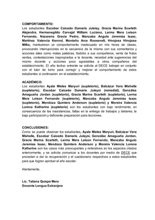 COMPORTAMIENTO:
Los estudiantes Escobar Caicedo Damaris Juleisy, Gracia Marine Scarleth
Alejandra, Hermenegildo Carvajal William Luciano, Lerma Mera Leison
Fernando, Nazareno Gracia Pedro, Manzaba Angulo Jeremias Isaac,
Martínez Valencia Kennol, Montaño Arce Roosevelt, Hinojosa Hinojosa
Milka, mantuvieron un comportamiento inadecuado en mis horas de clases,
provocando interrupciones en la secuencia de la misma con sus comentarios y
acciones tales como malas palabras, fastidio a sus compañeros, venta de frutos
verdes, contestaciones inapropiadas a la docente, necedad ante sugerencias del
mismo docente y acciones poco agradables a otros compañeros del
establecimiento. El año lectivo entrante se solicita al DECE trabajar en conjunto
con el tutor de turno para corregir y mejorar el comportamiento de estos
estudiantes si continuaren en el establecimiento.
ACADÉMICO:
Los estudiantes Ayala Mieles Maryuri (supletorio), Balcázar Vera Mishelle
(supletorio), Escobar Caicedo Damaris Juleysi (remedial), González
Amaguaña Jordan (supletorio), Gracia Marine Scarleth (supletorio), Lerma
Mera Leison Fernando (supletorio), Manzaba Angulo Jeremías Isaac
(supletorio), Mendoza Quintero Anderson (supletorio) y Moreira Valencia
Lorena Katherine (supletorio) son los estudiantes con bajo rendimiento, en
consecuencia de las inasistencias, faltas en la entrega de trabajos y deberes, la
baja participación y deficiente preparación para lecciones.
CONCLUSIONES:
Como se puede observar los estudiantes, Ayala Mieles Maryuri, Balcázar Vera
Mishelle, Escobar Caicedo Damaris Juleysi, González Amaguaña Jordan,
Gracia Marine Scarleth, Lerma Mera Leison Fernando, Manzaba Angulo
Jeremías Isaac, Mendoza Quintero Anderson y Moreira Valencia Lorena
Katherine son los casos más preocupantes y reiterativos en los aspectos citados
anteriormente, y se solicita comunicar a los docentes por medio de DECE que
procedan a dar la recuperación y el cuestionario respectivos a estos estudiantes
para que logren aprobar el año escolar.
Atentamente,
Lic. Tatiana Quispe Mera
Docente Lengua Extranjera
 