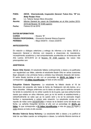 PARA: DECE, Vicerrectorado, Inspección General. Tutora 9no. “B” Lic.
Betty Realpe Vivas
DE: Lic. Tatiana Quispe Mera (Docente)
Asunto: Informe General de casos de Estudiantes en el Año Lectivo 2015-
2016 del Noveno “B” EGB superior.
Fecha: Febrero 03 de 2016.
DATOS INFORMATIVOS
CURSO : Noveno “B”
FIGURA PROFESIONAL : Educación General Básica Superior
PERÍODO : Mayo 04/2015 – Enero 23/2016
ANTECEDENTES:
En relación a diálogos anteriores y entrega de informes a la tutora, DECE e
Inspección General e informes con respecto a situaciones de inasistencia,
incumplimiento académico y mal comportamiento acontecidas en el transcurso del
Año Lectivo 2015-2016 en el Noveno “B” EGB superior, los casos más
preocupantes son:
ASISTENCIA:
Bazán Ortiz Daniel.- El estudiante faltaba continuamente a clases y no justificaba
con regularidad sus faltas, además el estudiante Bazán Ortiz en varias ocasiones
llegó atrasado a las primeras horas y entraba muy retrasado después del recreo.
El señor Bazán termina el año con un porcentaje de 26.9% en faltas lo que
corresponde a 21 faltas injustificadas en todo el año escolar.
Estupiñán Estacio Dayanara.- La estudiante ha faltado desde el 16 de
Noviembre del presente año hasta la fecha de finalización del año lectivo, en y
otros docentes diálogos anteriores con la tutora se sabe que la señorita siempre
ha tenido la costumbre de no entrar cuando le da la gana, que esa actitud la tiene
desde que estaba en años inferiores; pero ya no ha venido al establecimiento y
extraoficialmente se sabe que ya no quiere venir y no se ha acercado ningún
familiar o representante a aclarar esta situación. La estudiante consta en mi
reporte de notas como DESERTORA e incluso se la declaró como tal desde esa
fecha. La señorita Estupiñán termina el año con un porcentaje de 48.2% en
faltas, lo que corresponde a 81 faltas injustificadas a más de cinco (5) fugas y
siete atrasos en todo el año escolar.
Morales Valencia Saray Nohemy.- La estudiante faltó a clases y no justificó el
total de sus faltas cuando se reintegraba a clases. La señorita Moreira termina el
 