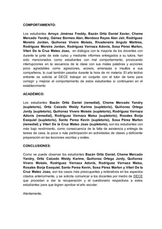 COMPORTAMIENTO:
Los estudiantes Arroyo Jiménez Freddy, Bazán Ortiz Daniel Xavier, Cheme
Mercado Yandry, Gámez Bermeo Alan, Mendoza Reyes Alan Jair, Rodríguez
Moreira Jordan, Quiñonez Vivero Moisés, Rivadeneira Angulo Mártires,
Rodríguez Moreira Jordan, Rodríguez Vernaza Adonis, Sosa Pérez Marlon,
Viteri De la Cruz Mateo Joao, en diálogos con la mayoría de los docentes con
durante la junta de este curso y mediante informes entregados a su tutora, han
sido mencionados como estudiantes con mal comportamiento, provocando
interrupciones en la secuencia de la clase con sus malas palabras y acciones
poco agradables como agresiones, acosos, amenazas e insultos a sus
compañeros, lo cual también pasaba durante la hora de mi materia. El año lectivo
entrante se solicita al DECE trabajar en conjunto con el tutor de turno para
corregir y mejorar el comportamiento de estos estudiantes si continuaren en el
establecimiento
ACADÉMICO:
Los estudiantes Bazán Ortiz Daniel (remedial), Cheme Mercado Yandry
(supletorio), Ortiz Caicedo Weidy Karime (supletorio), Quiñonez Ortega
Jordy (supletorio), Quiñonez Vivero Moisés (supletorio), Rodríguez Vernaza
Adonis (remedial), Rodríguez Vernaza Maisa (supletorio), Rosales Borja
Exequiel (supletorio), Santo Perea Kevin (supletorio), Sosa Pérez Marlon
(remedial) y Viteri De la Cruz Mateo Joao (supletorio), son los estudiantes con
más bajo rendimiento, como consecuencia de la falta de asistencia y entrega de
tareas de casa, la poca o nula participación en actividades de clases y deficiente
preparación en las lecciones escritas y orales.
CONCLUSIONES:
Como se puede observar los estudiantes Bazán Ortiz Daniel, Cheme Mercado
Yandry, Ortiz Caicedo Weidy Karime, Quiñonez Ortega Jordy, Quiñonez
Vivero Moisés, Rodríguez Vernaza Adonis, Rodríguez Vernaza Maisa,
Rosales Borja Exequiel, Santo Perea Kevin, Sosa Pérez Marlon y Viteri De la
Cruz Mateo Joao, son los casos más preocupantes y reiterativos en los aspectos
citados anteriormente, y se solicita comunicar a los docentes por medio de DECE
que procedan a dar la recuperación y el cuestionario respectivos a estos
estudiantes para que logren aprobar el año escolar.
Atentamente,
 