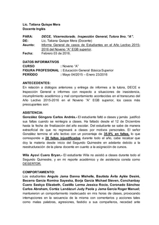 Lic. Tatiana Quispe Mera
Docente Inglés
PARA: DECE, Vicerrectorado, Inspección General, Tutora 9no. “A”.
DE: Lic. Tatiana Quispe Mera (Docente)
Asunto: Informe General de casos de Estudiantes en el Año Lectivo 2015-
2016 del Noveno “A” EGB superior.
Fecha: Febrero 03 de 2016.
DATOS INFORMATIVOS
CURSO : Noveno “A”
FIGURA PROFESIONAL : Educación General Básica Superior
PERÍODO : Mayo 04/2015 – Enero 23/2016
ANTECEDENTES:
En relación a diálogos anteriores y entrega de informes a la tutora, DECE e
Inspección General e informes con respecto a situaciones de inasistencia,
incumplimiento académico y mal comportamiento acontecidas en el transcurso del
Año Lectivo 2015-2016 en el Noveno “A” EGB superior, los casos más
preocupantes son:
ASISTENCIA:
González Góngora Carlos Andrés.- El estudiante faltó a clases y jamás justificó
sus faltas cuando se reintegra a clases. Ha faltado desde el 12 de Diciembre
hasta la fecha de finalización del año escolar. Del estudiante se sabe de manera
extraoficial de que no regresará a clases por motivos personales. El señor
González termina el año lectivo con un porcentaje de 35.9% en faltas, lo que
corresponde a 28 faltas injustificadas durante todo el año, cabe recalcar que
doy la materia desde inicio del Segundo Quimestre en adelante debido a la
reestructuración de la plana docente en cuanto a la asignación de cursos.
Wila Ayoví Cuero Bryan.- El estudiante Wila no asistió a clases durante todo el
Segundo Quimestre, y en mi reporte académico y de asistencia consta como
DESERTOR.
COMPORTAMIENTO:
Los estudiantes Angulo Jama Danna Mishelle, Bautista Ávila Aylée Desiré,
Becerra García Romina Sayeska, Borja García Michael Steven, Conchanbay
Cuero Saskya Elizabeth, Castillo Lerma Jessica Rocío, Coronado Sánchez
Carlos Abraham, Cortéz Landázuri Judy Paola y Jama García Roger Manuel;
mantuvieron un comportamiento inadecuado en mis horas de clases, provocando
interrupciones en la secuencia de la misma con comentarios y acciones tales
como malas palabras, agresiones, fastidio a sus compañeros, necedad ante
 