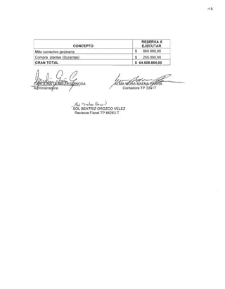 RESERVA X
                         CONCEPTO                                         EJECUTAR
Mtto correctivo jardinería                                            $   950.000,00
Compra plantas (Durantas)                                             $   255.000,00
GRAN TOTAL                                                           $ 64.508.854,00




                                                          ~~~-
                                                        /Lii   Contadora TP 3341 T




                        ftL   ~""'~"t   (9:.,,<:.:- J
                         SOL SEATRIZ OROZCO VELEZ
                          Revisora Fiscal TP 84283- T
 