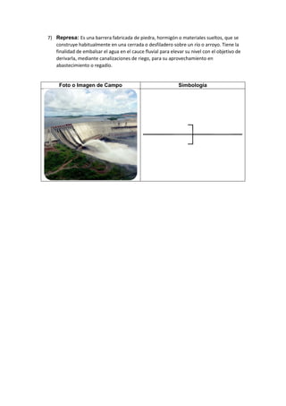 7) Represa: Es una barrera fabricada de piedra, hormigón o materiales sueltos, que se
construye habitualmente en una cerrada o desfiladero sobre un río o arroyo. Tiene la
finalidad de embalsar el agua en el cauce fluvial para elevar su nivel con el objetivo de
derivarla, mediante canalizaciones de riego, para su aprovechamiento en
abastecimiento o regadío.
Foto o Imagen de Campo Simbología
 