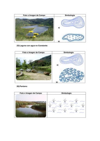 Foto o Imagen de Campo Simbología
a)
b)
25) Laguna con agua no Constante:
Foto o Imagen de Campo Simbología
a)
b)
26) Pantano:
Foto o Imagen de Campo Simbología
 