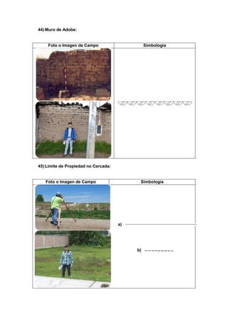44) Muro de Adobe:
Foto o Imagen de Campo Simbología
45) Límite de Propiedad no Cercada:
Foto o Imagen de Campo Simbología
a)
b)
 