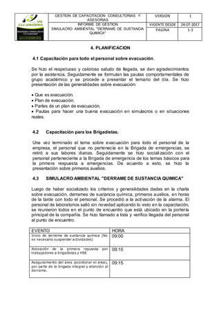 GESTION DE CAPACITACION CONSULTORIAS Y
ASESORIAS
VERSION 1
INFORME DE GESTION
SIMULACRO AMBIENTAL "DERRAME DE SUSTANCIA
QUIMICA"
VIGENTE DESDE 24-07-2017
PAGINA 1-3
4. PLANIFICACION
4.1 Capacitación para todo el personal sobre evacuación.
Se hizo el respetuoso y caloroso saludo de llegada, se dan agradecimientos
por la asistencia, Seguidamente se formulan las pautas comportamentales de
grupo académico y se procede a presentar el temario del día. Se hizo
presentación de las generalidades sobre evacuación:
 Que es evacuación.
 Plan de evacuación.
 Partes de un plan de evacuación.
 Pautas para hacer una buena evacuación en simulacros o en situaciones
reales.
4.2 Capacitación para los Brigadistas.
Una vez terminado el tema sobre evacuación para todo el personal de la
empresa, el personal que no pertenecía en la Brigada de emergencias, se
retiró a sus labores diarias. Seguidamente se hizo sociali zación con el
personal perteneciente a la Brigada de emergencia de los temas básicos para
la primera respuesta a emergencias. De acuerdo a esto, se hizo la
presentación sobre primeros auxilios.
4.3 SIMULACRO AMBIENTAL "DERRAME DE SUSTANCIA QUIMICA"
Luego de haber socializado los criterios y generalidades dadas en la charla
sobre evacuación, derrames de sustancia química, primeros auxilios, en horas
de la tarde con todo el personal. Se procedió a la activación de la alarma. El
personal de laboratorios salió sin novedad aplicando lo visto en la capacitación,
se reunieron todos en el punto de encuentro que está ubicado en la portería
principal de la compañía. Se hizo llamado a lista y verifico llegada del personal
al punto de encuentro.
EVENTO HORA
Inicio de derrame de sustancia química (No
es necesario suspender actividades)
09:00
Activación de la primera repuesta por
trabajadores a brigadistas y HSE
09:10
Aseguramiento del área (acordonar el área),
por parte de la brigada integral y atención al
derrame.
09:15
 