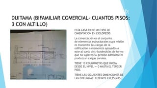 ESTA CASA TIENE UN TIPO DE
CIMENTACION EN CICLOPEDO:
La cimentación es el conjunto
de elementos estructurales cuya misión
es transmitir las cargas de la
edificación o elementos apoyados a
este al suelo distribuyéndolas de forma
que no superen su presión admisible ni
produzcan cargas zonales.
TIENE 13 COLUMNETAS QUE INICIA
DESDE EL NIVEL +- 0 HASTA EL TERCER
PISO.
TIENE LAS SIGUIENTES DIMENCIONES DE
LAS COLUMNAS: 0,20 MTS X 0,15 MTS
ESTIMADO APRENDIZ INSERTE UNA
IMAGEN DE SU MAQUETA O DE SUS
PLANOS
CASA – DIRECCION: CALLE 22 N0. 38A-60 – CIUDAD:
DUITAMA (BIFAMILIAR COMERCIAL- CUANTOS PISOS:
3 CON ALTILLO)
 