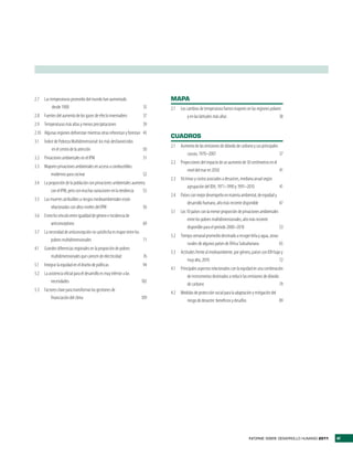 2.7   Las temperaturas promedio del mundo han aumentado                      MAPA
           desde 1900                                                   35   2.1   Los cambios de temperatura fueron mayores en las regiones polares
2.8 Fuentes del aumento de los gases de efecto invernadero              37              y en las latitudes más altas                               38
2.9   Temperaturas más altas y menos precipitaciones                   39
2.10 Algunas regiones deforestan mientras otras reforestan y forestan 43
                                                                             CUADROS
3.1   Índice de Pobreza Multidimensional: los más desfavorecidos
                                                                             2.1   Aumento de las emisiones de dióxido de carbono y sus principales
           en el centro de la atención                                 50
                                                                                      causas, 1970–2007                                             37
3.2   Privaciones ambientales en el IPM                                 51
                                                                             2.2 Proyecciones del impacto de un aumento de 50 centímetros en el
3.3   Mayores privaciones ambientales en acceso a combustibles
                                                                                     nivel del mar en 2050                                      41
          modernos para cocinar                                        52
                                                                             2.3 Víctimas y costos asociados a desastres, mediana anual según
3.4   La proporción de la población con privaciones ambientales aumenta
                                                                                      agrupación del IDH, 1971–1990 y 1991–2010                     41
          con el IPM, pero con muchas variaciones en la tendencia     53
                                                                             2.4   Países con mejor desempeño en materia ambiental, de equidad y
3.5 Las muertes atribuibles a riesgos medioambientales están
                                                                                       desarrollo humano, año más reciente disponible            47
        relacionadas con altos niveles del IPM                         56
                                                                             3.1   Los 10 países con la menor proporción de privaciones ambientales
3.6   Estrecho vínculo entre igualdad de género e incidencia de
                                                                                       entre los pobres multidimensionales, año más reciente
          anticonceptivos                                              69
                                                                                       disponible para el período 2000–2010                         53
3.7   La necesidad de anticoncepción no satisfecha es mayor entre los
                                                                             3.2   Tiempo semanal promedio destinado a recoger leña y agua, zonas
          pobres multidimensionales                                   71
                                                                                       rurales de algunos países de África Subsahariana           65
4.1   Grandes diferencias regionales en la proporción de pobres
                                                                             3.3   Actitudes frente al medioambiente, por género, países con IDH bajo y
          multidimensionales que carecen de electricidad                76
                                                                                        muy alto, 2010                                              72
5.1   Integrar la equidad en el diseño de políticas                    94
                                                                             4.1   Principales aspectos relacionados con la equidad en una combinación
5.2   La asistencia oficial para el desarrollo es muy inferior a las
                                                                                       de instrumentos destinados a reducir las emisiones de dióxido
          necesidades                                                  102
                                                                                       de carbono                                                    79
5.3   Factores clave para transformar las gestiones de
                                                                             4.2   Medidas de protección social para la adaptación y mitigación del
          financiación del clima                                       109
                                                                                      riesgo de desastre: beneficios y desafíos                     89




                                                                                                                                INFORME SOBRE DESARROLLO HUMANO 2011   xi
 