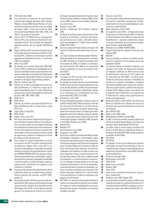 17   O’Donnell y otros 2008.                                        del Grupo Intergubernamental de Expertos sobre             51   Knutson y otros 2010.
      18   Esta conclusión es coherente con otros estudios                Cambio Climático (Khilyuk y Chilingar 2006; Church         52   Las cifras podrían reflejar asimismo mayor exposición
           anteriores (por ejemplo, Neumayer 2003 y Becker,               y otros 2008), ninguno ha cuestionado seriamente                de la gente a catástrofes naturales (por ejemplo,
           Philipson y Soares 2005). Becker, Philipson y Soares           sus conclusiones.                                               asentamiento en zonas antes deshabitadas) e incre-
           monetizan la esperanza de vida y crean una medida         35   Raupach y otros 2007.                                           mento en su vulnerabilidad.
           del ingreso “pleno”, el que tuvo un alza de 140%          36   Aichele y Felbermayr 2010; Grether y Mathys                53   Wood, Sebastian y Scherr 2000.
           en los países desarrollados entre 1965 y 1995, y de            2009.                                                      54   Dos organismos de la ONU —la Organización para
           193% en los países en desarrollo.                         37   El dióxido de carbono puede mantenerse por miles                la Agricultura y la Alimentación (FAO) y la Secreta-
      19   Informe 2010: 32 (PNUD-Oficina encargada del                   de años en la atmósfera, a diferencia del metano,               ría de la Convención de la ONU de Lucha contra la
           Informe 2010; vea una lista de Informes en la con-             que permanece unos 12 años, y del óxido nitroso,                Desertificación— producen estimaciones, aunque
           traportada interior). Otros estudios han destacado             que lo hace alrededor de 114 años. Archer y Brovkin             en círculos académicos se ha criticado su enfoque;
           aspectos similares; vea, por ejemplo, McGillivray              (2008) e IPCC (2007).                                           Veron, Paruelo y Oesterheld (2006).
           (2011).                                                   38   Vea la herramienta Climate Analysis Indicators del         55   Hanasakiy otros (2008); PNUMA (2009).
      20   Según el Informe 2010, las tasas de finalización de            Instituto de Recursos Mundiales (http://cait.wri.          56   Programa Mundial de Evaluación de los Recursos
           la educación primaria aumentaron de 84% en 1991                org/).                                                          Hídricos 2009.
           al actual 94%. También se incrementaron los años          39   Las zonas ubicadas más allá del paralelo 45 Norte y        57   Ball 2001.
           esperados de escolaridad: de nueve a 11 años entre             antes del paralelo 45 Sur experimentaron un aumento        58   Estos porcentajes se refieren al promedio ponde-
           1980 y la actualidad.                                          de 2,66°C promedio en el período noviembre–abril                rado de la superficie total de bosques para cada
      21   Hertz y otros 2007.                                            de la década de 2000 con respecto a la tempera-                 agrupación del IDH.
      22   Por ejemplo, en un estudio del período 1960-1995,              tura entre los años 1951-1980; en las zonas entre          59   Los cálculos difieren de acuerdo al método y a la
           Checchi (2001) constató que la desigualdad en los              ambas coordenadas, en tanto, el aumento fue de                  cobertura de los datos: las evaluaciones basadas
           años de escolaridad se mantuvo prácticamente cons-             solo 0,66°C.                                                    en imágenes satelitales de 2002 muestran tasas
           tante en niveles bajos en los países de la Organización   40   Cooper 2008.                                                    de deforestación inferiores en 23% respecto de
           de Cooperación y Desarrollo Económicos, a pesar del       41   Los países con IDH muy alto vieron disminuir sus                las informadas por FAO (2001). Los datos prove-
           aumento en los logros educacionales promedio.                  precipitaciones en más de 2%.                                   nientes de instituciones oficiales o informales con
      23   Atkinson, Piketty y Saez 2011.                            42   Por ejemplo, los cálculos apuntan a una probabilidad            frecuencia son inexactos o incompletos, y escasea la
      24   Cálculos de la Oficina encargada del Informe con               de 90% de que aumenten las precipitaciones en las               información detallada sobre composición, madurez,
           datos de Milanovic (1). Incluimos un grupo de 29               zonas de altas latitudes y de 66% de que disminuyan             alteración, dosel superior y calidad de los bosques.
           países desarrollados para los cuales disponemos                en la mayoría de las regiones subtropicales, además             Grainger (2010). Algunos países, como Brasil, han
           observaciones sobre la desigualdad de ingresos de              de un incremento en su variabilidad en las zonas                conseguido logros importantes en la reducción de
           los años 1990, 1995, 2000 y 2005.                              ecuatoriales (IPCC 2007; Dore 2005).                            la deforestación (www.undp.org/latinamerica/
      25   OCDE 2011a.                                               43   Christensen y otros 2007.                                       biodiversity-superpower/).
      26   OCDE 2010a.                                               44   El Grupo Intergubernamental de Expertos sobre el           60   Meyfroidt, Rudel y Lambin (2010). Se informa que
      27   Cálculos de la Oficina encargada del Informe con               Cambio Climático (IPCC 2007) prevé que el nivel del             Bhután y El Salvador han utilizado más tierra en el
           datos de Milanovic (2011) y Lopez-Calva y Lustig               mar crecerá 0,18–0,59 metros en el marco de seis                extranjero que la que han reforestado al interior de
           (2010: 10).                                                    escenarios. Otros estudios, en cambio, apuntan a que            sus fronteras.
      28   Lopez-Calva y Lustig 2010.                                     podría subir hasta dos metros. Se espera que el adel-      61   Gan y McCarl 2007.
      29   OCDE 2010b.                                                    gazamiento del hielo finalmente rompa los mantos           62   Mayer y otros 2005, 2006.
      30   Hughes, Irfan y otros 2011.                                    helados y que esta situación acelere el aumento del        63   Würtenberger, Koellner y Binder 2005.
      31   Pero no es solo el término logarítmico del ingreso el          nivel oceánico (Gregory y Huybrechts 2006; Jevrejeva       64   En 2007, el consumo promedio anual per cápita era de
           que contribuye de manera mecánica a esta ralentiza-            y otros 2006; Thomas y otros 2004).                             28,7 kg en los países desarrollados y de 9,5 kg en las
           ción. Lo mismo sucede con la inevitable moderación        45   Anthoff 2010.                                                   naciones menos desarrolladas (FAO 2010a).
           de la velocidad de aumento de los años de educación       46   Wheeler 2011.                                              65   Los datos sobre la actual captura provienen del
           formal y de la esperanza de vida en los países más        47   Vankoningsveld y otros 2008.                                    Servicio de Información y Estadísticas de Pesca y
           acomodados y de la convergencia entre los países          48   Dasgupta y otros 2009.                                          Acuicultura de la FAO (FIES) 2009; sobre la producción
           de ingreso bajo y mediano a medida que se cierran         49   Estas cifras se refieren a desastres naturales de origen        sostenible, de FAO (2005).
           las brechas con las naciones ricas.                            climatológico, hidrológico y meteorológico, según          66   FAO 2010a.
      32   Para simular los riesgos ambientales, se utiliza               estimaciones de la base de datos sobre eventos que         67   FAO 2010a.
           el escenario de difícil situación medioambiental               constituyen emergencias del Centro de Investigación        68   Por ejemplo, se dice que la adopción de derechos
           formulado por Hughes, Irfan y otros (2011). Los                sobre la Epidemiología de los Desastres: Base de                individuales de captura de anchoveta en Perú es
           factores de desigualdad e inseguridad se modelan               datos internacional sobre desastres. Un evento es               fundamental para mejorar la sostenibilidad de sus
           mediante el escenario de seguridad primero creado              catalogado como desastre si cumple al menos uno                 poblaciones de peces (Fréon y otros 2008; Schreiber,
           por el PNUMA (PNUMA 2007). Este escenario incluye:             de los siguientes criterios: causa la muerte de 10 o            próxima publicación).
           tensiones socioeconómicas y ambientales, inseguri-             más personas, afecta a 100 o más, se declara estado        69   Grossman y Krueger 1995.
           dad económica y personal, desigualdad considerable             de emergencia o se solicita asistencia internacio-         70   McGranahan y otros 2001.
           a nivel de hogares y mundial, elevados niveles de              nal. Sin embargo, los datos pueden no ser del todo         71   OCDE 2010b.
           proteccionismo, obstáculos a la migración y más                coherentes entre países. El crecimiento demográfico        72   Bettencourt y otros 2007.
           militarismo y conflictos.                                      incrementa el número de personas afectadas y, por          73   Dodman 2009.
      33   El potencial de calentamiento global mide el efecto            ende, los eventos clasificados como desastres. Vea         74   Lehrer 2010.
           radioactivo relativo de una determinada sustancia.             también Neumayer y Barthel 2011 sobre el efecto            75   www.unesco.org/water/wwap/facts_figures/
           Para los cálculos más recientes, vea IPCC (2007:               de la sensibilización en materia de desastres y los             basic_needs.shtml.
           capítulo 2).                                                   sesgos en la información.                                  76   Tachamo y otros 2009; Pepper 2007.
      34   De las publicaciones científicas que más se han ocu-      50   IPCC 2007. Los cambios en la humedad atmosférica           77   La contaminación atmosférica urbana se define como
           pado del tema, 98% apoya la idea de que la principal           inciden en la capacidad de absorción de humedad.                material particulado en suspensión de menos de 10
           causa del cambio climático es la actividad humana              Se traducen en mayor probabilidad de que ocurran                micrones de diámetro (MP10) y se expresa en micro-
           (Anderegg y otros 2010). Y si bien algunos estudios            precipitaciones de gran intensidad y sus desastres              gramos por metro cúbico (Banco Mundial 2011a).
           apuntan a la existencia de errores en el informe               naturales asociados.



114    INFORME SOBRE DESARROLLO HUMANO 2011
 