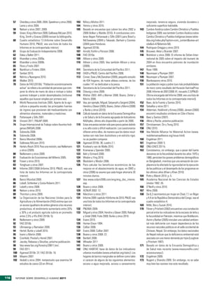 57  Checkley y otros 2000, 2004; Speelmon y otros 2000;     103 Mitra y Mishra 2011.                                             mejorado, tenencia segura, vivienda duradera o
          Lama y otros 2004.                                      104 Yemiru y otros 2010.                                             suficiente superficie habitable.
      58 Nelson y otros 2007, 2009.                               105 Basado en encuestas que cubren los años 2002 a             143   Cumbre Asiática sobre Cambio Climático y Pueblos
      59 Green, King y Morrison 2009; Galloway McLean 2010.           2008 (Volker y Waible 2010). A conclusiones simi-                Indígenas 2009; vea también Cumbre Asiática sobre
          King, Smith y Gracey (2009) revisan la bibliografía.        lares llegan Pattanayak y Sills (2001) para Brasil y             Cambio Climático y Pueblos Indígenas (www.tebte-
      60 Cuadro estadístico 13 (Informe sobre Desarrollo              McSweeney (2004) y Takasaki, Barham y Coomes                     bba.org/index.php?option=com_content&view=art
          Humano 2010, PNUD; vea una lista de todos los               (2004) para Honduras.                                            icle&id=47&Itemid=58).
          Informes en la contraportada interior).                 106 Agarwal 2010b.                                             144   Rodriguez-Oreggia y otros 2010.
      61 Grupo de Evaluación Independiente 2008.                  107 Arnold, Kohlin y Persson 2006.                             145   Brouwer, Akter y Brander 2007.
      62 Daka y Ballet 2011.                                      108 FAO 2010a.                                                 146   Nishikiori y otros 2006. El informe de Oxfam Inter-
      63 Khandker y otros 2009a.                                  109 Allison y otros 2009.                                            national de 2005 sobre el impacto del tsunami de
      64 Khandker y otros 2009b.                                  110 Allison y otros 2005. Vea también Allison y otros                2004 en Asia encuentra patrones de inundación
      65 Flora y Findis 2007.                                         (2009).                                                          similares.
      66 Nankhuni y Findeis 2004.                                 111 Secretaría de la Comunidad del Pacífico 2011.              147   Rose 1999.
      67 Senbet 2010.                                             112 OADI y PNUD, Centro del Pacífico 2008.                     148   Neumayer y Plumper 2007.
      68 Ndiritu y Nyangena 2010.                                 113 Cinner, Daw y McClanahan (2009), pequeño estudio           149   Neumayer y Plumper 2007.
      69 Walker 2010.                                                 de 434 hogares, de nueve aldeas costeras, de los           150   Blankespoory otros 2010.
      70 Datos de FAO (2010b). “Población económicamente              cuales 141 se dedicaban a la pesca.                        151   La población negra y pobre tuvo más probabilidades
          activa” se refiere a la cantidad de personas que com-   114 Secretaría de la Comunidad del Pacífico 2011.                    de morir como resultado del Huracán Katrina(Price
          pone la oferta de mano de obra e incluye a todos        115 Cheung y otros 2009.                                             2008; Informe de 2007/2008: 81, recuadro 2.3 [PNUD-
          quienes trabajan y están desempleados (inclusive        116 Iftikhar 2003. Afifi y Warner 2008; Boano, Zetter y              Oficina encargada del Informe 2008; vea una lista de
          aquellos que buscan empleo por primera vez).                Morris 2008.                                                     todos los Informes en la contraportada interior]).
      71 World Resources Institute 2005. Aparte de la agri-       117 Vea, por ejemplo, Miguel, Satyanath y Sergenti (2004),     152   Baez, de la Fuente y Santos 2010.
          cultura a pequeña escala, las principales fuentes           Hendrix y Glaser (2005), Boano, Zetter y Morris (2008)     153   Seballos y otros 2011.
          de ingreso que provienen del medioambiente son              y Burke y otros (2010).                                    154   Alderman, Hoddinott y Kinsey (2006). Jensen (2000)
          alimentos silvestres, materiales y medicinas.           118 Cálculo basado en datos de la Encuesta Demográfica               encontró resultados similares en Côte d’Ivoire.
      72 Pattanayak y Sills 2001.                                     y de Salud y de la Encuesta agrupada de Indicadores        155   Baez y Santos (2007).
      73 Vincent 2011; FNUAP 2009.                                    Múltiples, último año disponible a partir de 2000.         156   Alkire y Roche, próxima publicación.
      74 Grupo Internacional de Trabajo sobre Asuntos Indí-       119 Estas encuestas existen solo para pocos países debido      157   Christiaensen, Do y Trung 2010.
          genas (IWGIA) 2008.                                         a su alto costo y difícil realización. Los cuestionarios   158   ONU 2010.
      75 Sobrevila 2008.                                              difieren entre ellos, de manera que los datos resul-       159   Vea Mobile Alliance for Maternal Action (www.
      76 Sobrevila 2008.                                              tantes son más bien ilustrativos y en estricto rigor,            mobilemamaalliance.org/issue.html).
      77 Banco Mundial 2008c.                                         no se pueden comparar.                                     160   Engelman 2011.
      78 Galloway McLean 2010.                                    120 Agarwal 2010b: 36, cuadro 2.1.                             161   Engelman 2009: 5.
      79 Hertel y Rosch 2010. Para una revisión, vea Nellemann    121 Koolwal y van de Walle 2010.                               162   ONU-DAES 2011b.
          y otros (2009).                                         122 Kramarae y Spender 2000.                                   163   Constatamos, sin embargo, que a pesar del fuerte
      80 Nellemann y otros 2009.                                  123 Ilahi y Grimard 2000.                                            descenso en la fecundidad durante los años 1970 y
      81 Evaluación de Ecosistemas del Milenio 2005.              124 Wodon y Ying 2010.                                               1980, persisten los graves problemas demográficos
      82 Fraser y otros 2010.                                     125 Blackdem y Wodon 2006.                                           en Bangladesh, mientras que una sensación de com-
      83 Yonghuan y otros 2007.                                   126 Para calcular los beneficios económicos de las                   placencia ha afectado la rigurosidad en la ejecución
      84 Informe 2007/2008 (Informe 2010, PNUD; vea una               mejoras en el abastecimiento de agua, en OMS y                   de las políticas y el desempeño de los programas en
          lista de todos los Informes en la contraportada             otros (2006) se asume que cada hogar ahorraría 30                los últimos años (Khan y Khan 2010).
          interior).                                                  minutos diarios.                                           164   Potts y Marsh 2010: p. 5.
      85 Banco Mundial 2009.                                      127 Vea www.sidym2006.com/eng/eng_doc_interes.                 165   Academia Nacional de las Ciencias de Estados
      86 Lobell, Schlenker y Costa-Roberts 2011.                      asp.                                                             Unidos 1992: 26.
      87 Lobell y otros 2008.                                     128 Boano y otros 2008.                                        166   O’Neill y otros 2010.
      88 Nelson y otros 2010.                                     129 ACNUR 2002: 12.                                            167   Wire 2009.
      89 Thornton y otros 2009.                                   130 Marchiori y otros 2011.                                    168   De 6,2 nacimientos por mujer en Chad, 7,1 en Níger
      90 La Organización de las Naciones Unidas para la           131 Informe 2009: capítulo 4 (Informe de 2010, PNUD; vea             y 4,4 en la República Democrática del Congo; vea el
          Agricultura y la Alimentación (FAO) estima que con          una lista de todos los Informes en la contraportada              cuadro estadístico 4.
          un acceso igualitario de ambos géneros a los recursos       interior).                                                 169   Mills, Bos y Suzuki 2010.
          productivos, el rendimiento aumentaría entre 20%        132 PNUMA 2009.                                                170   Filmer y Pritchett (2002) encuentran una correlación
          y 30% y el producto agrícola subiría en promedio        133 Miguel y otros 2004; Hendrix y Glaser 2005; Raleigh              parcial entre los indicadores de la escasez de leña y
          entre 2,5% y 4% (FAO 2010b: 5).                             y Urdal 2008; Fiola 2009; Burke y otros 2010.                    la fecundidad en Pakistán, mientras que Biddlecom,
      91 Nellemann y otros 2009.                                  134 Evans 2010.                                                      Axinn y Barber (2005) vinculan una calidad ambien-
      92 FAO 2010b.                                               135 Homer-Dixon 1994.                                                tal más deficiente con mayor dependencia de los
      93 Ulimwengu y Ramadan 2009.                                136 Collier 2006.                                                    recursos naturales públicos en el valle occidental de
      94 Hertel, Burke y Lobell 2010.                             137 Evans 2008; Collier 2007.                                        Chitwan, Nepal. Sin embargo, los datos nacionales
      95 Ivanic y Martin 2008.                                    138 Boano y otros 2008: 22.                                          de Nepal indican que la deficiencia ambiental está
      96 Cranfield, Preckel y Hertel 2007.                        139 Bartlett 2008.                                                   asociada con una menor demanda por hijos (Loughran
      97 Jacoby, Rabassa y Skoufias, próxima publicación.         140 Wheeler 2011                                                     y Pritchett 1997).
      98 Vea www.fao.org/forestry/28811/en/.                      141 Boano y otros 2008.                                        171   Basado en datos de la Encuesta Demográfica y
      99 FAO 2011.                                                142 ONU HABITAT, base de datos de los indicadores                    de Salud más reciente (www.measuredhs.com/
      100 Agarwal 2010b: 37; FAO 2010b: 16.                           urbanos mundiales (www.unhabitat.org/stats/). Los                accesssurveys/).
      101 Mayers 2007.                                                hogares de barrios marginales se definen como tales        172   Engelman 2009.
      102 Vedeld y otros 2004: metaestudio que examina 54             si carecen de alguno de los siguientes elementos:          173   Nugent y Shandra 2009. Sin embargo, no se sabe
          estudios de casos (33 en África).                           acceso a agua mejorada, acceso a saneamiento                     muy bien las razones tras este resultado.



116     INFORME SOBRE DESARROLLO HUMANO 2011
 