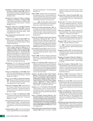Checkley W., L. D. Epstein, R. H. Gilman, D. Figueroa,             Documento de investigación 11. The Forests Dialogue,          Indigenous Peoples’ International Centre for Policy
        R. I. Cama, J. A. Patz y R. E. Black. 2000. “Effects of EI       New Haven, CT.                                                Research and Education, 24–27 de febrero, Bali,
        Niño and Ambient Temperature on Hospital Admissions                                                                            Indonesia.
                                                                      Collier, P. 2006. “Economic Causes of Civil Conflict and
        for Diarrhoeal Diseases in Peruvian Children”. The Lancet
                                                                        their Implications for Policy”. International Network for   Da Costa, M. M., C. Cohen y R. Schaeffer. 2007. “Social
        355 (9202): 442-50.
                                                                        Economics and Conflict. http://users.ox.ac.uk/~econpco/       Features of Energy Production and Use in Brazil: Goals
      Checkley, W., R. H. Gilman, R. E. Black, L. D. Epstein,           research/pdfs/EconomicCausesofCivilConflict-Implica-          for a Sustainable Energy Future”. Natural Resources
        L. Cabrera, C. R. Sterling y L. H. Moulton. 2004.               tionsforPolicy.pdf. Acceso el 15 de junio de 2011.            Forum 31: 11-20.
        “Effect of Water and Sanitation on Childhood Health
                                                                      __________2007. The Bottom Billion: Why the Poorest           Da Vià, E. 2011. “The Politics of ‘Win-Win’ Narratives:
        in a Poor Peruvian Peri-urban Community”. The Lancet
                                                                        Countries Are Failing and What Can Be Done about It.          Land Grab as Development Opportunity”. Documento
        363 (9403): 112–18.
                                                                        Nueva York y Londres: Oxford University Press.                presentado en la Universidad de Sussex: Institute
      Cheung, W. L., V. W. Y. Lam, J. L. Sarmiento, K. Kearney,                                                                       of Development Studies Conference on Global Land
                                                                      Comisión sobre Desarrollo Sostenible. 1997. Glo-
        R. Watson, D. Zeller y D. Pauly. 2009. “Large-Scale                                                                           Grabbing, 6 al 8 de abril, Sussex, RU.
                                                                        bal Change and Sustainable Development: Critical
        Redistribution of Maximum Fisheries Catch Potential
                                                                        Trends. Nueva York: Consejo Económico y Social de           Daka, K. R. y J. Ballet. 2011. “Children’s Education and
        in the Global Ocean under Climate Change”. Global
                                                                        las Naciones Unidas. www.un.org/esa/documents/                Home Electrification: A Case Study in Northwestern
        Change Biology 16 (1): 24–35.
                                                                        ecosoc/cn17/1997/ecn171997-3.htm. Acceso el 14                Madagascar”. Energy Policy 39 (5): 2866–74.
      China, Congreso Nacional Popular. 2011. 12th Five-                de junio de 2011.
                                                                                                                                    Daly, H. 2005. “Economics in a Full World”. Policy Issue
        Year Plan. Beijing.
                                                                      Comité del Parlamento Europeo sobre Asuntos                     Briefs: Economic Growth and Development. United Sta-
      Chineke, T. C., S. S. Jagtap y O. Nwofor. 2009. “West             Económicos y Monetarios. 2011. “Report on                     tes Society for Ecological Economics, Burlington, VT.
        African Monsoon: Is the Agosto Break “Breaking” in              Innovative Financing at Global and European Level”.
                                                                                                                                    Dasgupta, P. 1995. “Population, Poverty y the Local Envi-
        the Eastern Humid Zone of Southern Nigeria?” Climatic           Parlamento Europeo, Comité sobre Asuntos Económi-
                                                                                                                                      ronment”. Scientific American 272 (2): 26-31.
        Change 103 (3-4): 555-70.                                       cos y Monetarios. Bruselas. www.europarl.europa.eu/
                                                                        sides/getDoc.do?type=REPORT&reference=A7-2011-              ———. 2007. “Commentary: The Stern Review’s Econo-
      Christensen, J. H., B. Hewitson, A. Busuioc, A. Chen,
                                                                        0036&language=EN. Acceso el 15 de mayo de 2011.              mics of Climate Change”. National Institute Economic
        X. Gao, I. Held, R. Jones, R. K. Kolli, W.-T. K., R.
                                                                                                                                     Review 199: 4–7.
        Laprise, V. M. Rueda, L. Mearns, C. G. Menéndez,              Comunidades Europeas. 2010. European Commission,
        J. Räisänen, A. Rinke, A. Sarr y P. Whetton. 2007.              Annual Environment Policy Review. http://ec.europa.         Dasgupta, P. y G. Heal. 1974. “The Optimal Depletion of
        “Regional Climate Projections”. Climate Change 2007:            eu/environment/policyreview.htm. Acceso el 12 de              Exhaustible Resources”. Review of Economic Studies
        The Physical Science Basis, eds. S. Solomon, D. Qin, M.         mayo de 2011.                                                 41 (Simposio sobre la Economía de los Recursos No
        Manning, Z. Chen, M. Marquis, K. B. Averyt, M. Tignor y                                                                       Renovables): 3-28.
                                                                      Cooper, R. 2008. “The Case for Charges on Greenhouse
        H. L. Miller. Contribución del Grupo de Trabajo I al Cuarto
                                                                        Gas Emissions”. Documento de debate 08-10. Harvard          Dasgupta, S., B. Laplante, C. Meisner, D. Wheeler y J.
        Informe de Evaluación del Grupo Intergubernamental
                                                                        Project on International Climate Agreements, Cam-             Yan. 2009. “The Impact of Sea Level Rise on Developing
        de Expertos sobre el Cambio Climático. Cambridge, RU
                                                                        bridge, MA.                                                   Countries: A Comparative Analysis”. Climatic Change
        y Nueva York: Cambridge University Press.
                                                                                                                                      93: 379–88.
                                                                      Corrigan, C. y A. Granziera. 2010. A Handbook for the
      Christiaensen, T. T. L., Q. T. Do y L. D. Trung. 2010.
                                                                        Indigenous and Community Conserved Areas Registry.          Davies, M., K. Oswald y T. Mitchell. 2009. “Climate
        “Natural Disasters and Household Welfare: Evidence
                                                                        Cambridge, RU: Programa de las Naciones Unidas para           Change Adaptation, Disaster Risk Reduction and Social
        from Vietnam.” Documento de trabajo de investigacio-
                                                                        el Medio Ambiente y World Conservation Monitoring             Protection”. En Promoting Pro-Poor Growth: Social Pro-
        nes sobre políticas 5491. Banco Mundial, Washington,
                                                                        Center. www.unep-wcmc.org/medialibrary/2010/09/13/            tection, ed., Organización de Cooperación y Desarrollo
        DC.
                                                                        f2ef7b9b/ICCA%20Handbook%201.2%20English.pdf.                 Económicos. París: Organización de Cooperación y
      Chung, E. C., V. Ramanathan y J. T. Kiehl. 2002. “Effects         Acceso el 29 de mayo de 2011.                                 Desarrollo Económicos.
        of the South Asian Absorbing Haze on the Northeast
                                                                      Costello, A., M. Abbas, A. Allen, S. Ball, S. Bell, R.        De Oliveira, A. 2008. “Private Provision of Water Ser-
        Monsoon and Surface: Air Heat Exchange”. Journal of
                                                                        Bellamy, S. Friel, N. Groce, A. Johnson, M. Kett,             vice in Brazil: Impacts and Affordability”. Documento
        Climate 15 (17): 2462-76.
                                                                        M. Lee, C. Levy, M. Maslin, D. McCoy, B. McGuire,             MPRA 11149. Biblioteca de la Universidad de Múnich,
      Church, J. A., N. J. White, J. R. Hunter y Kurt Lambeck.          H. Montgomery, D. Napier, C. Pagel, J. Patel, J. A.           Alemania.
        2008. “Briefing a Post-IPCC AR4 Update on Sea-level             Puppim de Oliveira, N. Redclift, H. Rees, D. Rogger,
                                                                                                                                    De Oliveira, A. y T. Laan. 2010. “Lessons Learned from
        Rise”. The Antarctic Climate and Ecosystems Coope-              J. Scott, J. Stephenson, J. Twigg, J. Wolff y C.
                                                                                                                                      Brazil’s Experience with Fossil Fuel Subsidies and their
        rative Research Centre, Hobart, Australia.                      Patterson. 2009. “Managing the Health Effects of
                                                                                                                                      Reform”. Instituto Internacional de Desarrollo Soste-
                                                                        Climate Change”. The Lancet 373: 1697-1723.
      Cichon, M. y K. Hagemejer. 2006. “Social Security for                                                                           nible, Ginebra. www.hedon.info/docs/IISD_GSI_les-
         All: Investing in Global Social and Economic Deve-           Cranfield, J. A. L., P. V. Preckel y T. W. Hertel. 2007.        sons_brazil_fuel_subsidies.pdf. Acceso el 20 de mayo
         lopment: A Consultation”. Documento de debate 16               “Poverty Analysis Using an International Cross-               de 2011.
         sobre protección social. Organización Internacional            Country Demand System”. Documento de trabajo de
                                                                                                                                    Deiniger, K., D. Beyerlee, J. Lindsay, A. Norton, H.
         del Trabajo, Ginebra.                                          investigaciones sobre políticas 4285. Banco Mundial,
                                                                                                                                      Selod y M. Stickler. 2011. Rising Global Interest
                                                                        Washington, DC.
      Cinner, J. E., T. Daw y T. R. McClanahan. 2009.                                                                                 in Farmland: Can it Yield Sustainable and Equitable
         “Socioeconomic Factors that Affect Artisanal Fishers’        Crotty, J. y P. Rodgers. Próxima publicación. “Sus-             Benefits? Washington, DC: Banco Mundial. http://
         Readiness to Exit a Declining Fishery”. Conservation           tainable Development in the Russian Federation:               siteresources.worldbank.org/INTARD/Resources/
         Biology 23 (1): 124-30.                                        The Limits of Greening within Industrial Firms”.              ESW_Sept7_final_final.pdf. Acceso el 10 de junio
                                                                        www.business.salford.ac.uk/research/marketing-                de 2011.
      The Coca-Cola Company. 2010. “Rain Increases Access
                                                                        strategy/projects/environmental-sustainability-in-
        to Water Resources in Niger”. Comunicado de prensa,                                                                         DFID (Departamento de Desarrollo Internacional del
                                                                        russian-federation/docs/The%20Limits%20of%20
        2 de junio de 2010. www.thecoca-colacompany.com/                                                                              Reino Unido). 2011. “Cash Transfers”. Documento
                                                                        Greening%20in%20Russian%20Firms.pdf. Acceso
        citizenship/news_rain.html. Acceso el 20 de mayo de                                                                           informativo. Londres. www.dfid.gov.uk/r4d/PDF/Articles/
                                                                        el 15 de julio de 2011.
        2011.                                                                                                                         Evidence_Paper-FINAL-CLEARAcknowledgement.pdf.
                                                                      Cumbre Asiática sobre Cambio Climático y Pueblos                Acceso el 1 de mayo de 2011.
      Colchester, Marcus. 2010. “Free, Prior and Informed
                                                                        Indígenas. 2009. “Report of the Summit”. Tebtebba
        Consent: Making FPIC Work for Forests and Peoples”.



124     INFORME SOBRE DESARROLLO HUMANO 2011
 